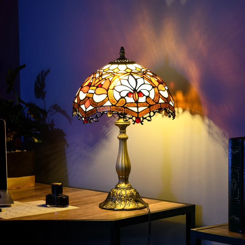 HOMCOM Stained Glass Table Lamp, Handcrafted Artisan Collectible, Suitable for Living Room and Bedside, Multi-Coloured, Ф30 x 48Hcm, Zinc Alloy.