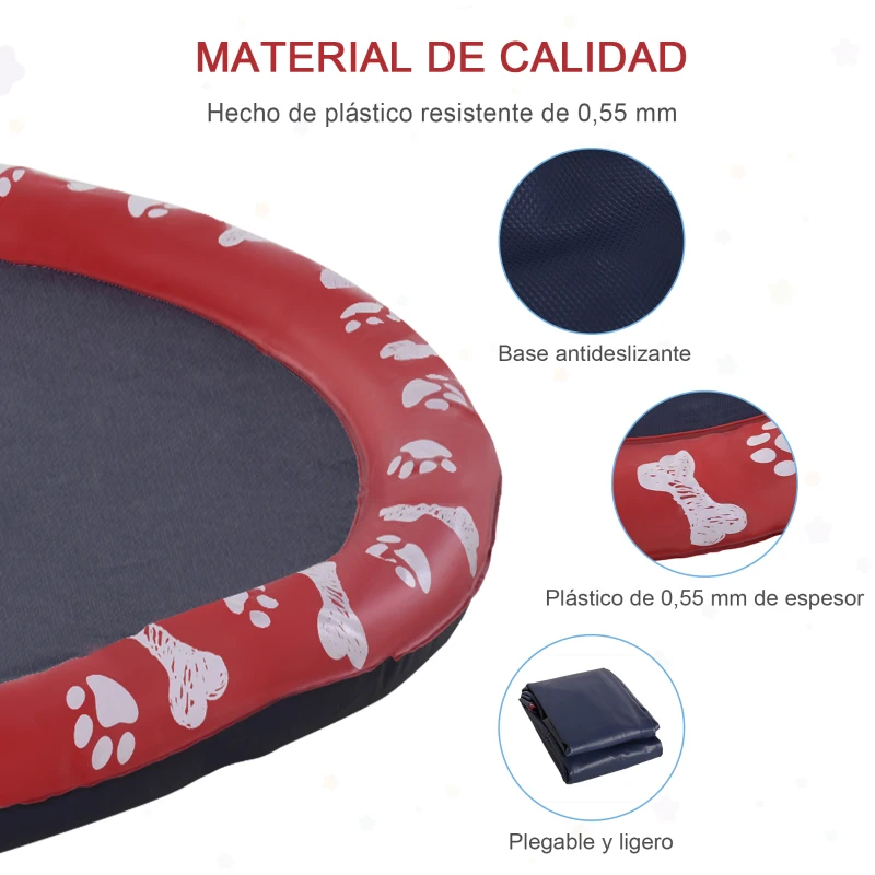 PawHut Tapete de Juegos de Agua Redondo Ø170 cm con Bonito Estampado y Superficie Antideslizante para Perros Rojo y Azul