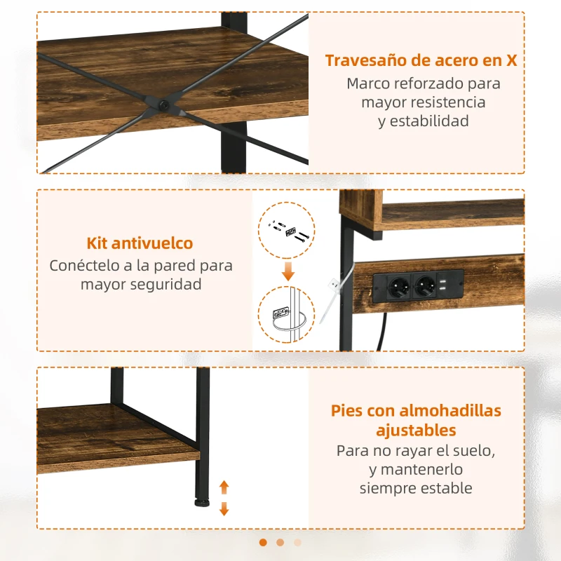 HOMCOM Estantería de Cocina Mueble para Microondas con Toma de Corriente 2 Cargadores USB 5 Ganchos 60x42x153 cm Marrón
