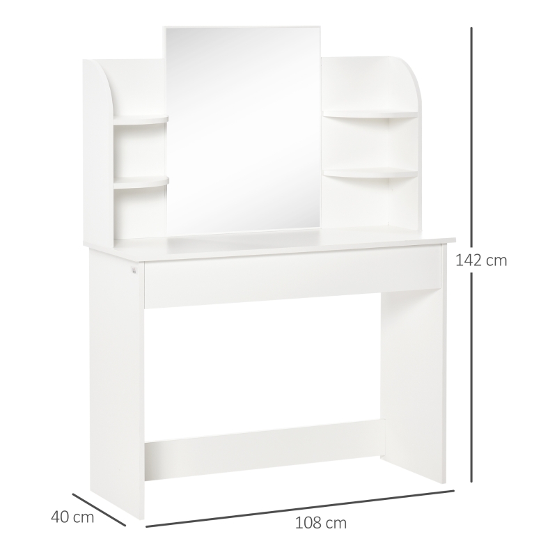 HOMCOM Postazione da Trucco, Tavolo per Toeletta in Legno Bianco, con Specchiera e Cassetto (108cm x 40cm x 142cm)