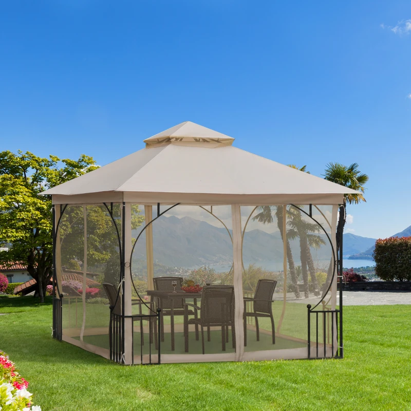 Outsunny 3 x 3(m) Garden Gazebo Patio Party Tent Shelter Outdoor Canopy Double Tier Sun Shade Metal Frame Netting, Beige