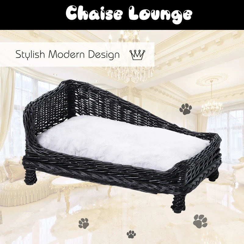 Pawhut Wicker Dog Cat Bed Kitten Lounger  Pet Bed Rattan Willow Basket Soft Cushion Lightweight 69 x 42 x 33 cm Black