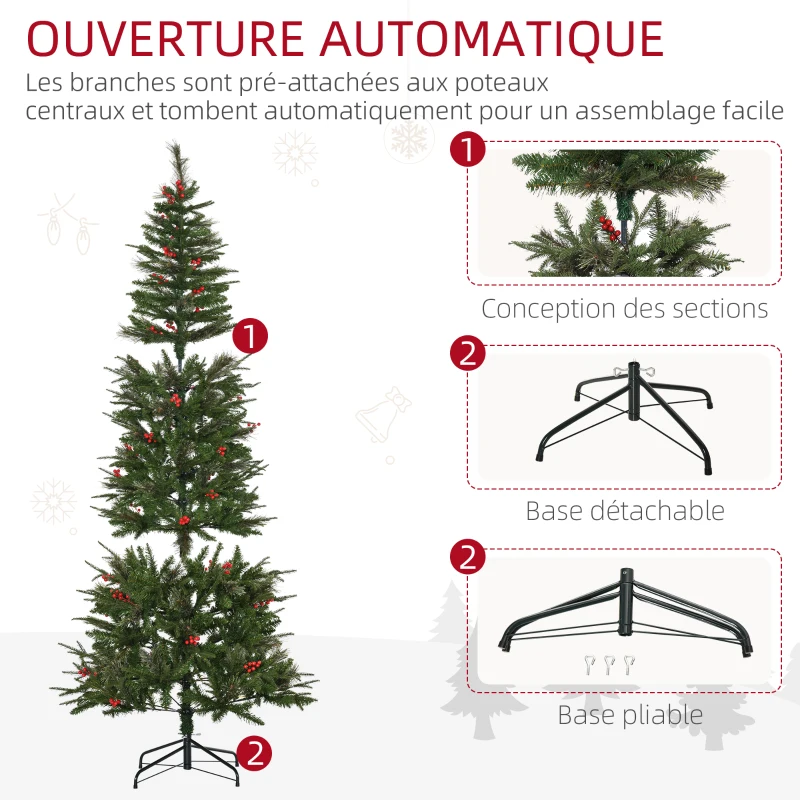 HOMCOM Sapin de Noël artificiel 210 cm 746 branches avec houx + support pied pliable vert