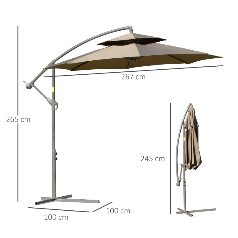 Outsunny Parasol déporté octogonal double toit inclinable manivelle avec pied en croix acier polyester Ø 2,67 x 2,65H m marron