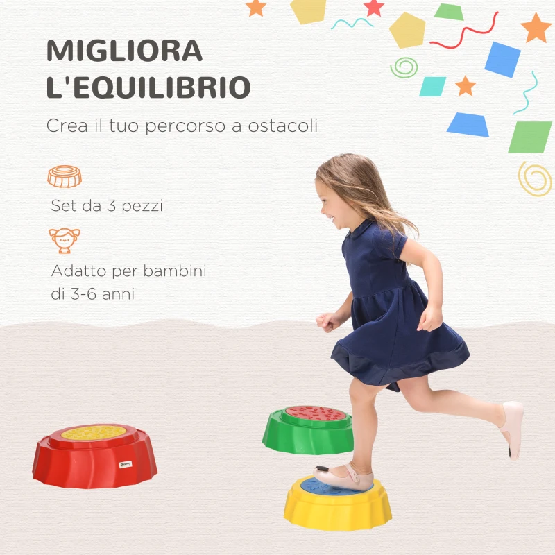 Outsunny Percorso di Equilibrio Giocattolo per Bambini 3-6 Anni, Pietre di Fiume Set 3 Pezzi Antiscivolo e Impilabili