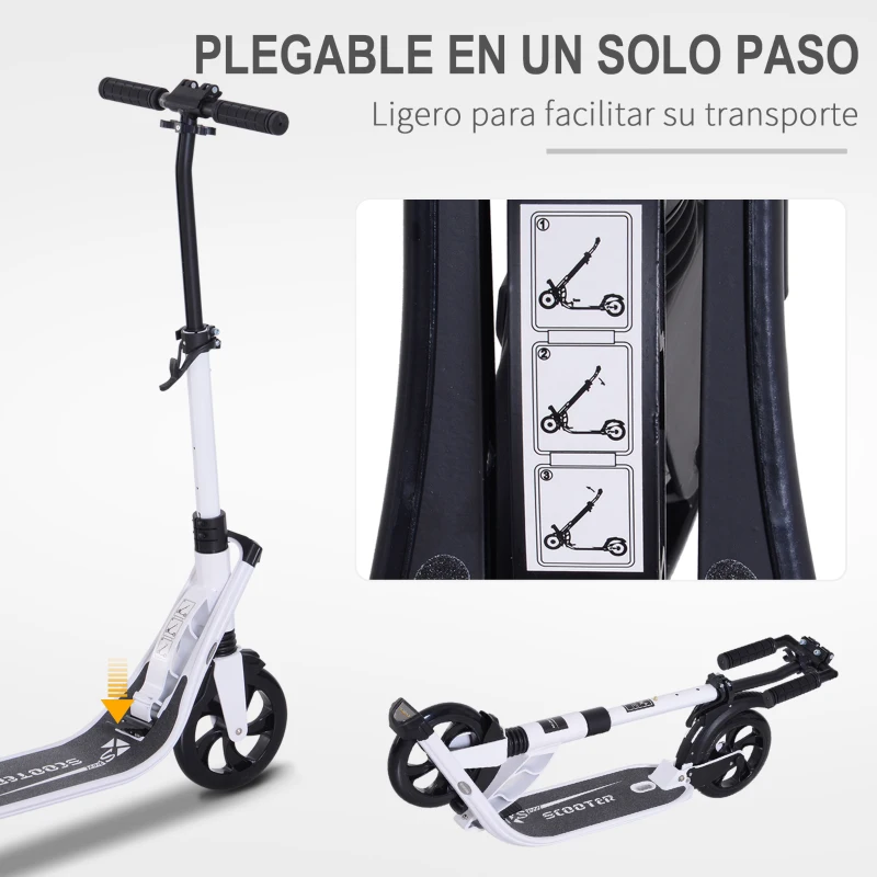 HOMCOM Patinete Plegable para Adultos y Niños +14 años Scooter Ligero con Manillar Altura Ajustable Tipo Monopatín con Freno Grandes Ruedas Ø200 mm Amortiguador Aluminio Carga 100 kg Blanco