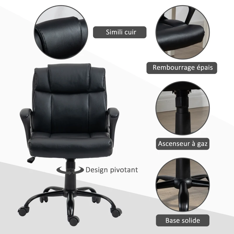 Vinsetto Fauteuil chaise de bureau pivotant hauteur réglable 5 roulettes accoudoirs revêtement synthétique noir