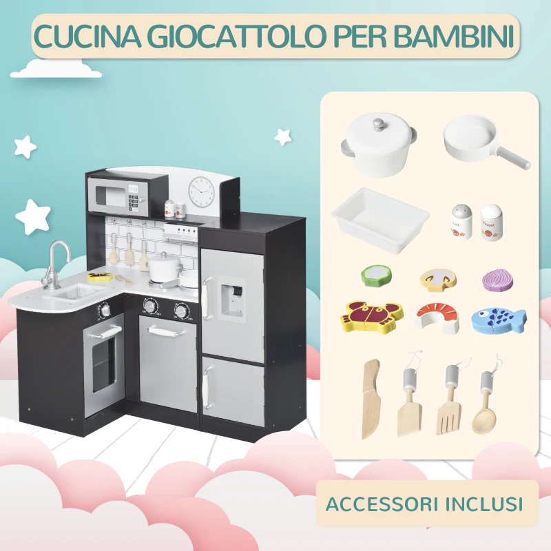 HOMCOM Cucina Giocattolo per Bambini in Legno con 14 Accessori, Forno, Lavandino, Frigo e Microonde, Età 3+ Anni, 86x64x84.5cm, Argento e Marrone