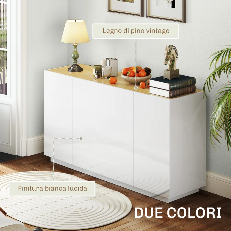 HOMCOM Credenza Moderna con Armadietti a 2 Ante, Chiusura Ammortizzata e Ripiani Regolabili, 140x40x75cm, Bianco Lucido