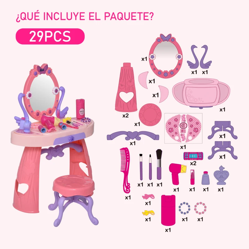 HOMCOM Tocador de Juguete para Niños +3 Años con  29 Piezas Taburete Función de Música Luces Centro de Belleza Infantil 49,5x23,5x69,5 cm Rosa
