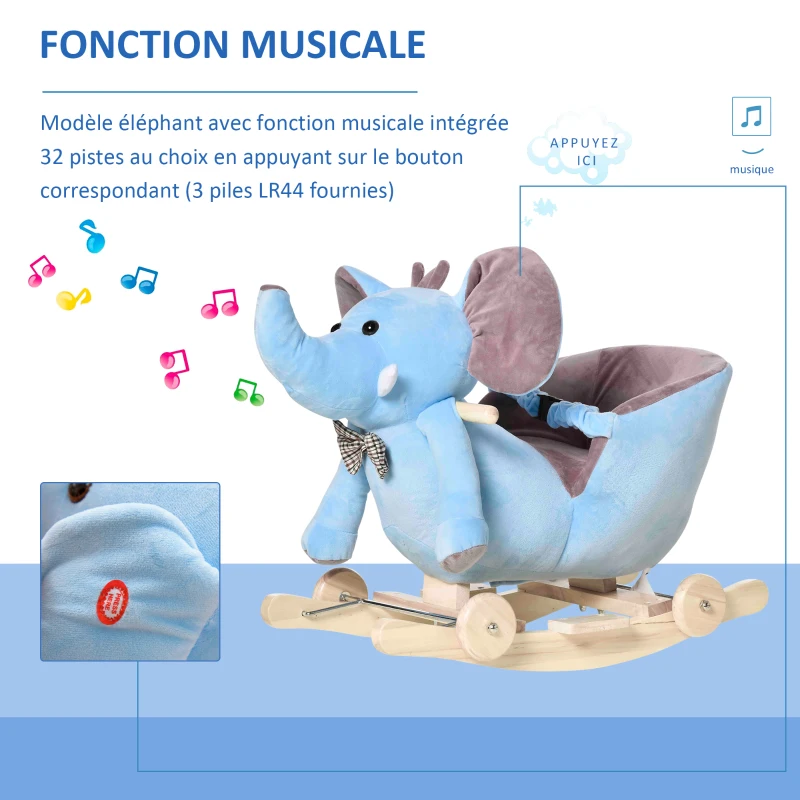 HOMCOM Cheval à Bascule Jouet à Bascule éléphant et Porteur sur roulettes 2 en 1 Fonction Musicale 32 Pistes Ceinture sécurité