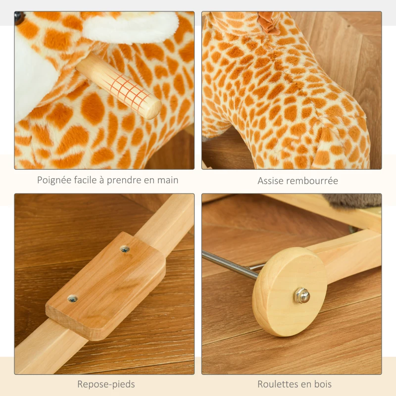 HOMCOM Jouet à Bascule Girafe et Porteur sur roulettes 2 en 1 Fonction sonore mugissement Bois peuplier Peluche Courte Polyester tacheté