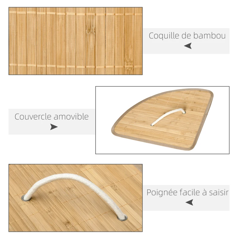HOMCOM Panier à linge en bambou d'angle 55L avec couvercle et sac amovible 38 x 38 x 57 cm bois naturel et blanc