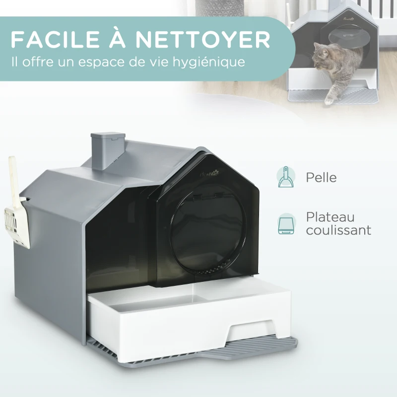 PawHut Maison de toilette bac à litière pour chat design maisonnette avec pelle, filtre et tapis dim. 47L x 45l x 42H cm
