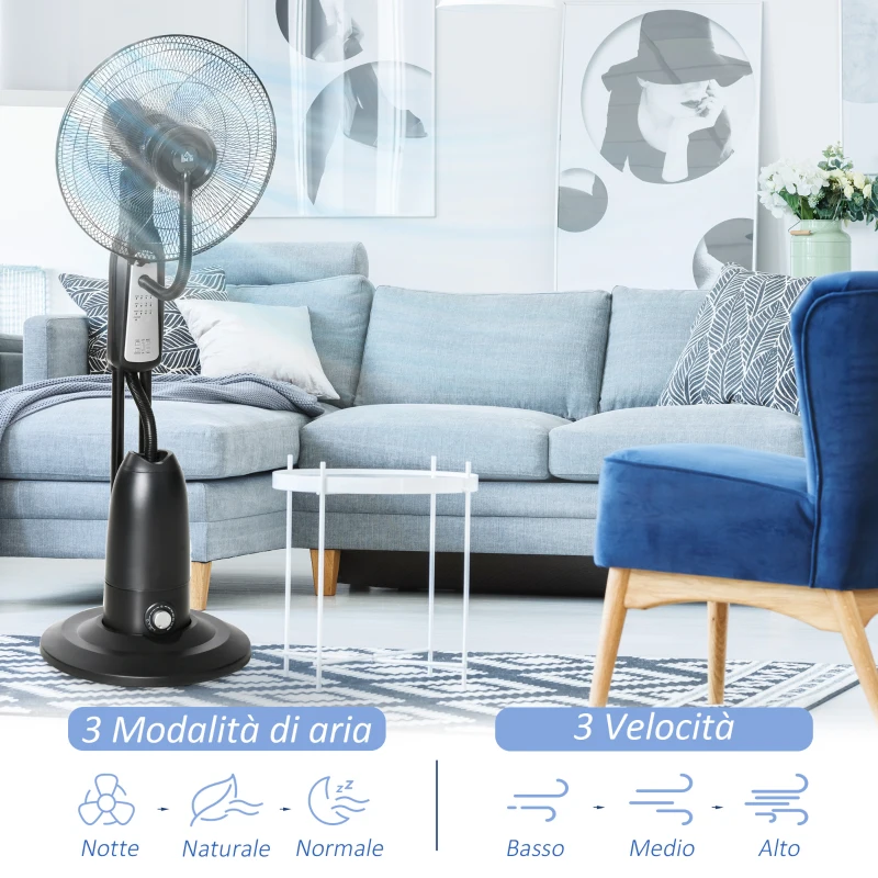 HOMCOM Ventilatore Nebulizzatore e Deumidificatore Oscillante 70° con 3 Modalità, Telecomando e Timer 7.5h, Tanica 2.8L, 90W, Ф44.5cm x 120cm