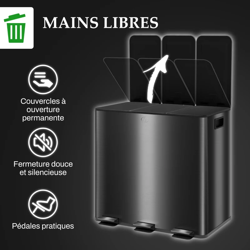 HOMCOM Poubelle de cuisine 45L avec 3 compartiments de 15L, couvercle, seaux intérieurs amovibles, 3 x 15L, noir