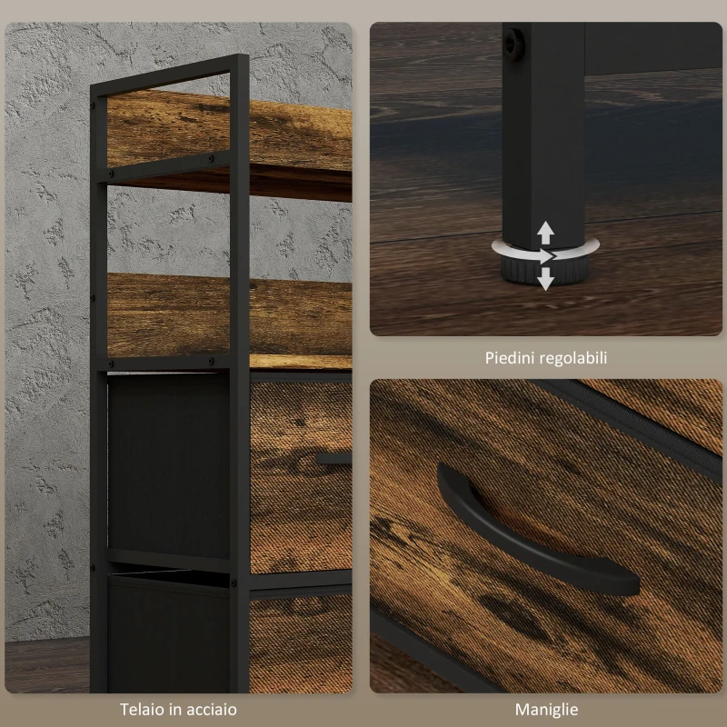 HOMCOM Cassettiera 7 Cassetti Rimovibili con 2 Ripiani Industriale in Legno e Acciaio, 79x29x101 cm, Marrone e Nero