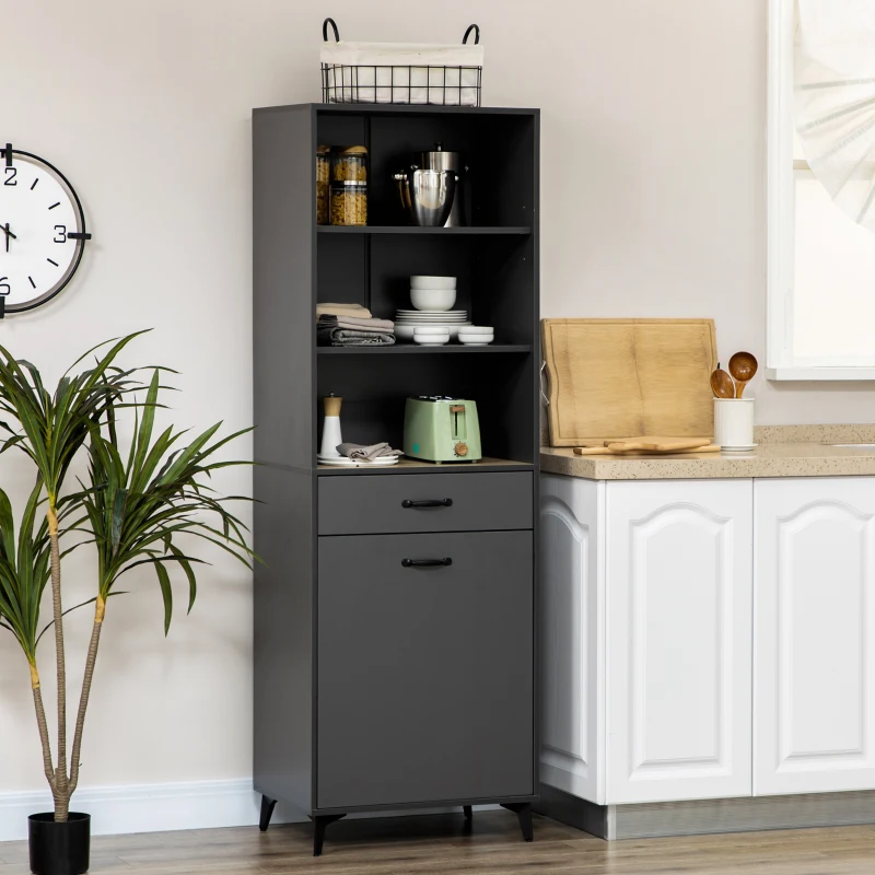 HOMCOM Mobile Dispensa Alto con Ripiani Regolabili Aperti, Cassetto e Armadietto, in Truciolato e MDF, 60x42x180 cm, Grigio