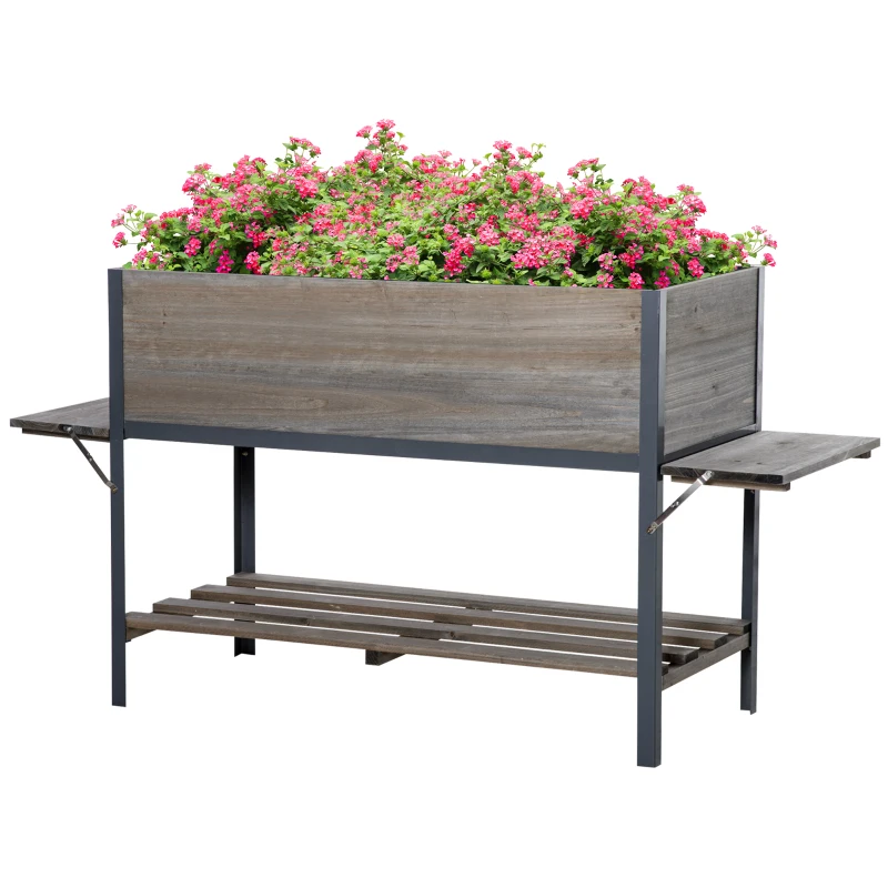 Outsunny Huerto Urbano Elevado de Madera 140x46x75,5 cm Mesa de Cultivo de Jardín con 2 Baldas Laterales Estante Inferior y 2 Orificios de Drenaje para Plantas Flores Gris