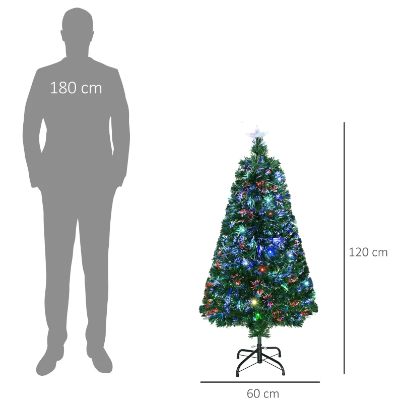 HOMCOM Sapin de Noël Artificiel Lumineux 120H cm Fibre Optique LED Multicolore + Support Pied 130 Branches étoile Sommet Brillante Vert