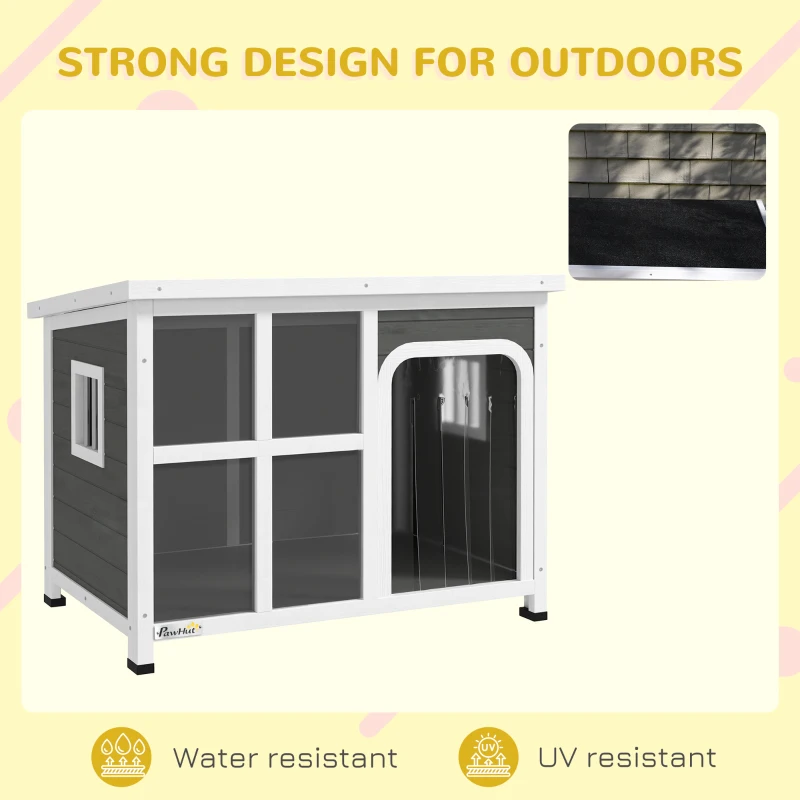 PawHut Wooden Outdoor Dog House with Asphalt Openable Top, Removable Floor, Clear Front Panel, Curtain, Light Grey