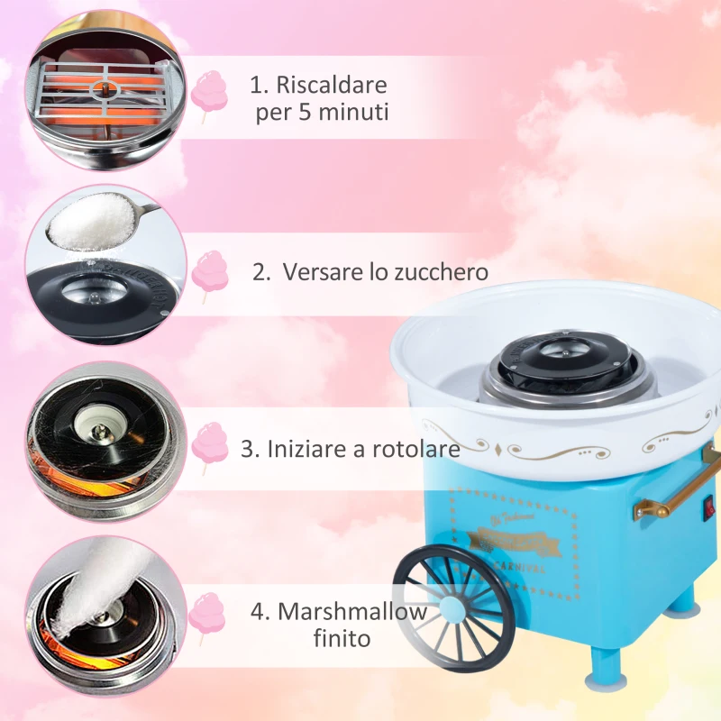 HOMCOM Macchina per Zucchero Filato 450W con Accessori, 30x30x28cm Azzurra