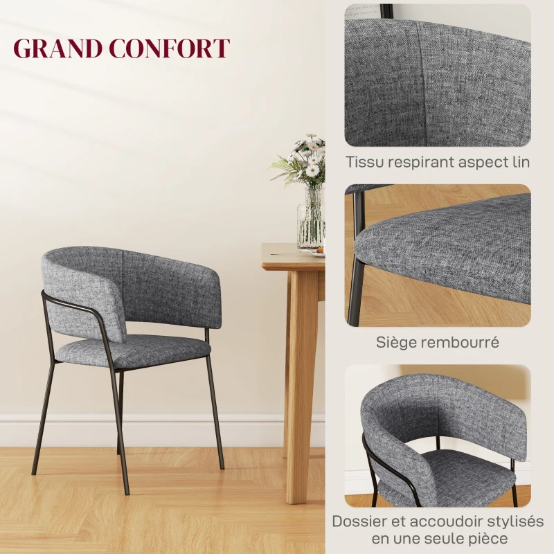 HOMCOM Lot de 2 chaises de salle à manger pieds en acier, assise rembourrée en tissu aspect lin, gris
