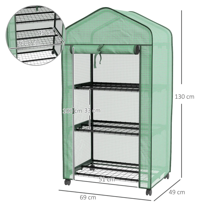 Outsunny Mini Serra da Giardino con Copertura in PE, 3 Ripiani e Ruote, 69x49x130cm, Verde