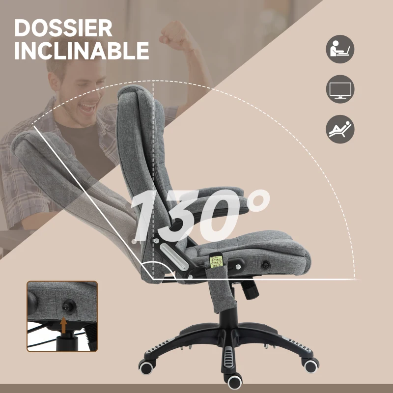 Vinsetto Fauteuil de bureau massant et chauffant, chaise de bureau, chaise ergonomique avec hauteur réglable, dossier inclinable et télécommande filaire, pivotant à 360° tissu en polyester gris chiné