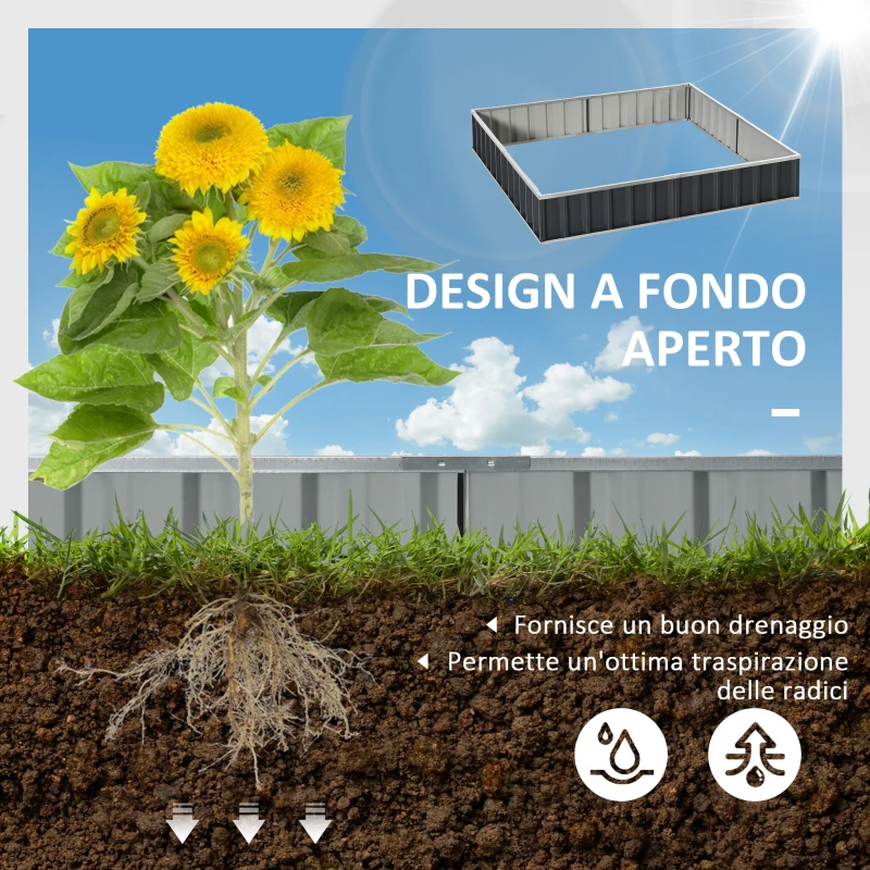 Outsunny Aiuola Rialzata, Modulabile r Senza Fondo in Acciaio Zincato, 258x90x30 cm, Grigio Scuro