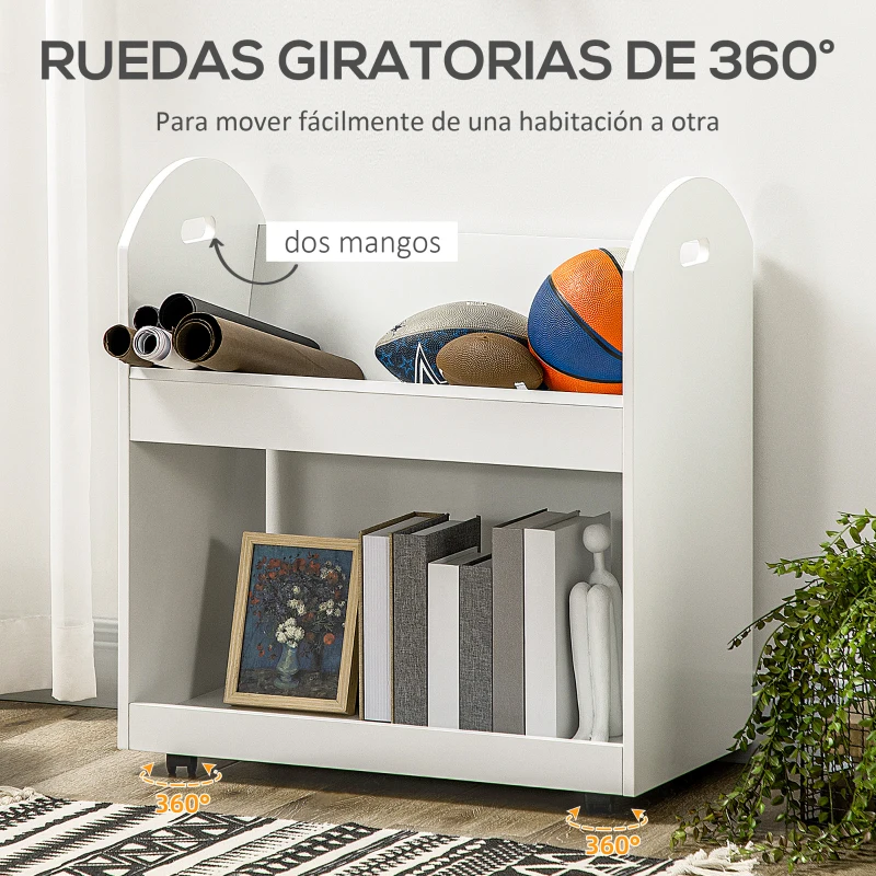 HOMCOM Estantería Librería con Ruedas Estantería para Libros con 2 Estantes y Asas Estilo Moderno 71x40x78 cm Blanco