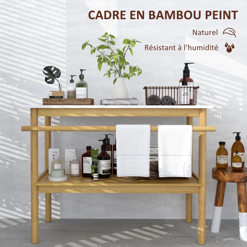 HOMCOM Étagère salle de bain rangement, meuble salle de bain en bambou à 2 niveaux avec barre porte-serviettes étagère ouverte