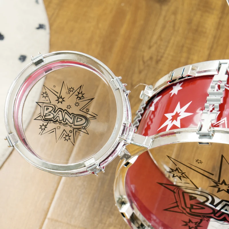 AIYAPLAY Batteria per Bambini 3-6 Anni a 7 Pezzi con Sgabello e Bacchette, in Plastica e Metallo, 72x29x56 cm, Rosso