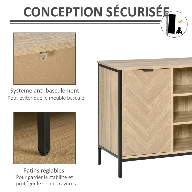 HOMCOM Buffet design style graphique façades placards à chevrons - 2 portes avec étagère, 3 niches - métal noir panneaux aspect chêne clair