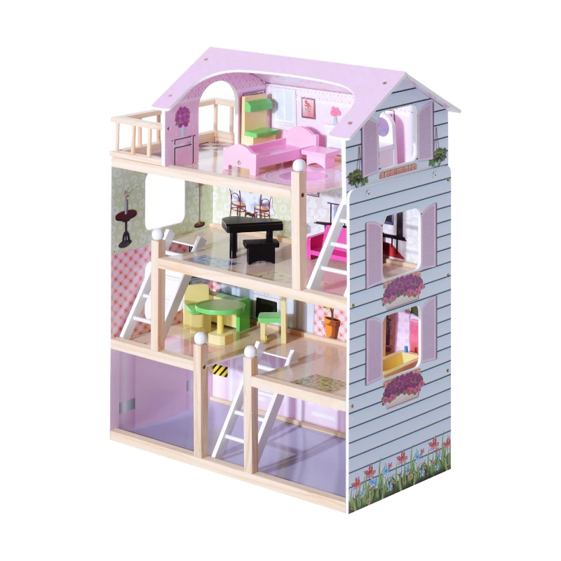 HOMCOM Casa de Muñecas Infantil con Muebles Casa de Muñecas de 4 Pisos con 13 Accesorios 60,5x30x80,5cm Rosa