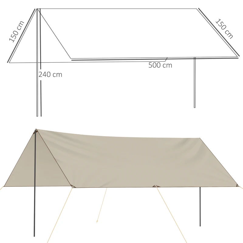 Outsunny Tente tarp de camping bâche 5 x 3 m protection solaire avec 2 mâts et sac de transport multifonction kaki