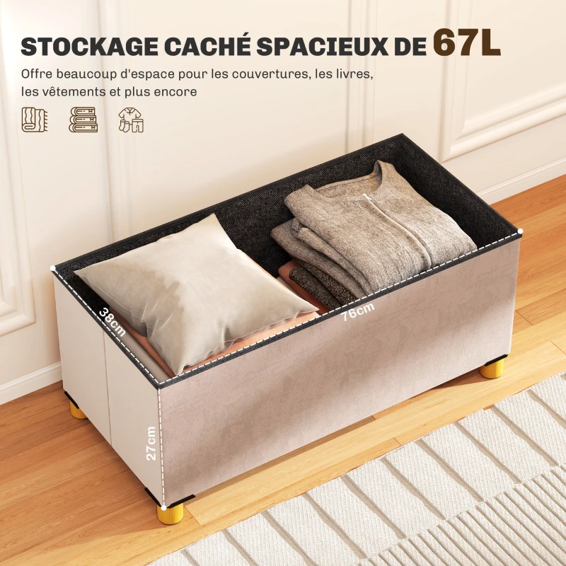 HOMCOM Banc de rangement bout de lit pliable volume 67 L capacité de charge 120 kg avec couvercle 76L x 38l x 38H cm rose