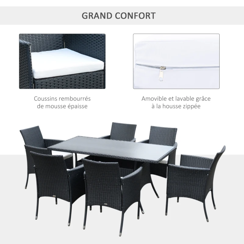 Outsunny Ensemble Salon de Jardin 6 Personnes - Grande Table rectangulaire, 6 fauteuils - 6 Coussins d'assise déhoussables Inclus - métal époxy Verre trempé 5 mm résine tressée Noire