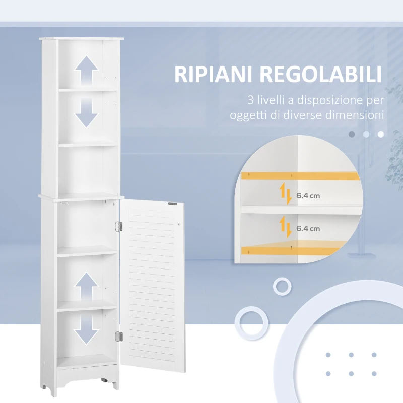 HOMCOM Colonna Bagno con Ripiano a 3 Livelli e Armadietto Chiuso, in MDF e Truciolato, 34x20x165 cm, Bianco