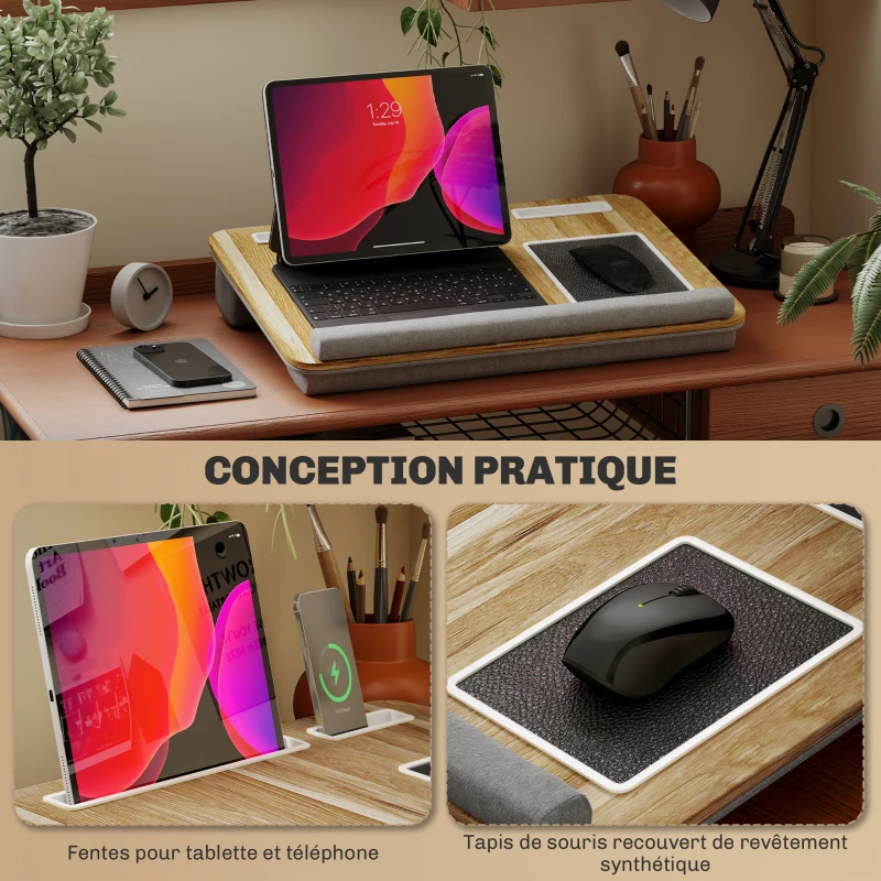 HOMCOM Support ordinateur portable lit avec traversin fente pour tablette ou téléphone tapis de souris repose-poignet poignée
