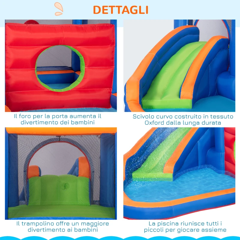 Outsunny Castello Gonfiabile per Bambini 3-8 Anni con Scivolo, Trampolino e Piscina, 380x340x170cm