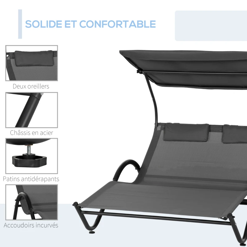 Outsunny Chaise longue bain de soleil transat avec auvent oreiller et roulettes en acier et polyester gris foncé