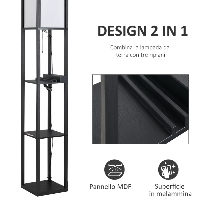 HOMCOM Lampada da Terra Moderna, Lampadina Illuminazione Interna Salvaspazio con Ripiani da Soggiorno Cotone, MDF 26 x 26 x 160 cm Nero e Bianco