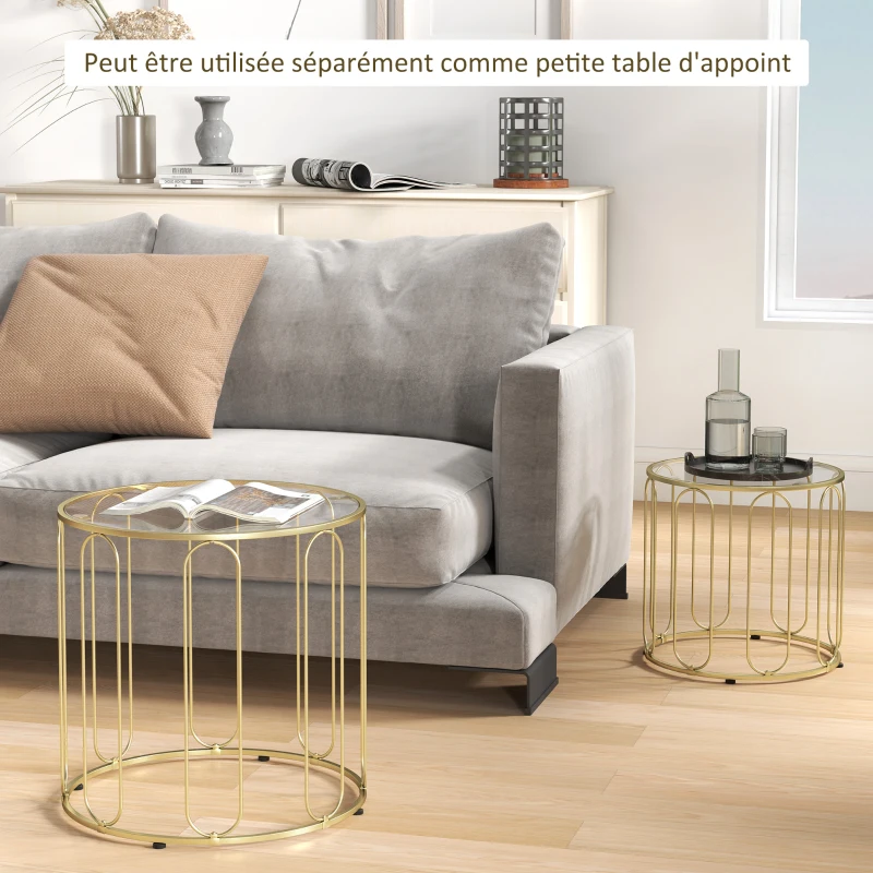 HOMCOM Lot de 2 tables basses gigognes rondes modernes avec cadre en métal et plateau en verre trempé, ton doré