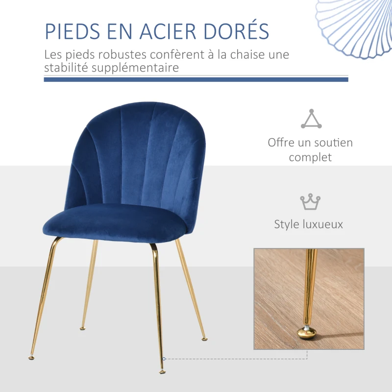 HOMCOM Lot de 2 chaises de salle à manger assise aspect velours et pieds métal doré - bleu