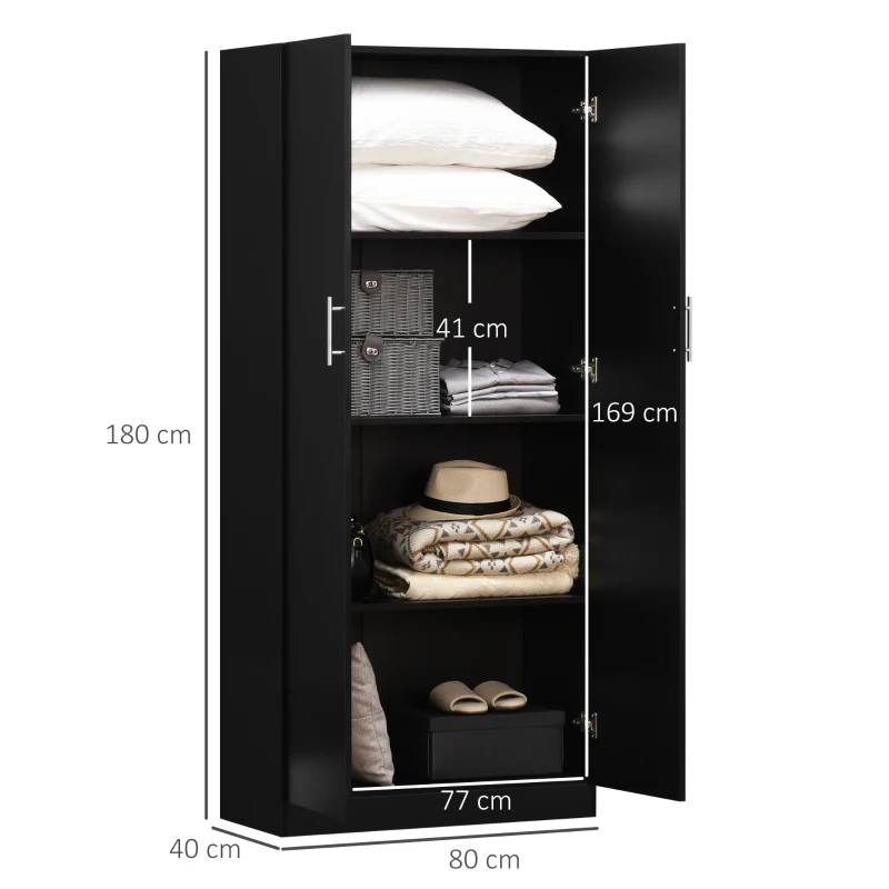 HOMCOM Armadio 2 Ante Moderno con 4 Ripiani, Guardaroba in Legno MDF 80x40x180cm, Nero