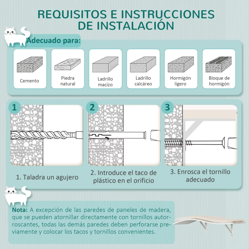 PawHut Juego de Escalada para Gatos de Pared de 3 Piezas con Caseta Plataformas Hamaca y Poste de Sisal Blanco