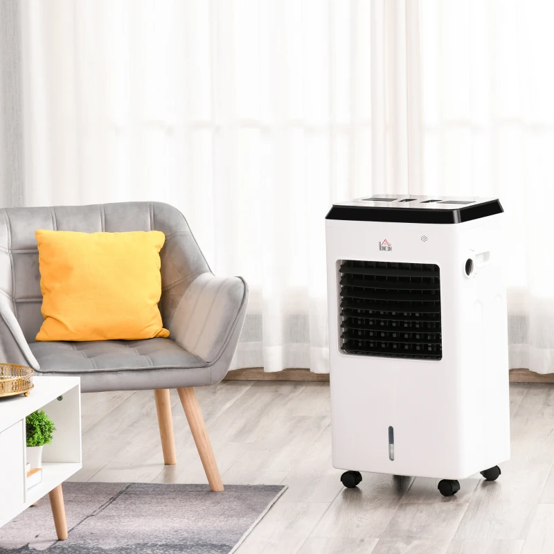 HOMCOM 3-IN-1 8.5L Portable Air Cooler, Heater, Humidifier with Ice Crystal Box, 3 Speed 3 Mode, 7.5 Hour Timer, Remote Controller Included, for Bedroom, Dorm, Office, White