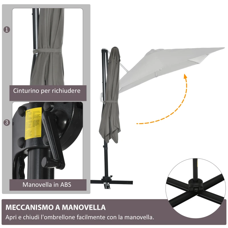 Outsunny Ombrellone da Giardino a Manovella 2.5x2.5 m con Rotazione 360° e Parasole Regolabile, Grigio Chiaro
