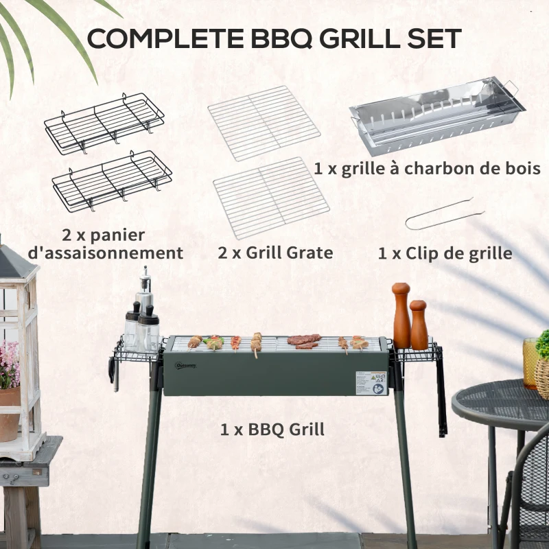 Outsunny Barbecue au charbon de bois avec 2 grilles portable BBQ Grill sur Pieds amovibles2 paniers latéraux, 94L x 39l x 70H cm